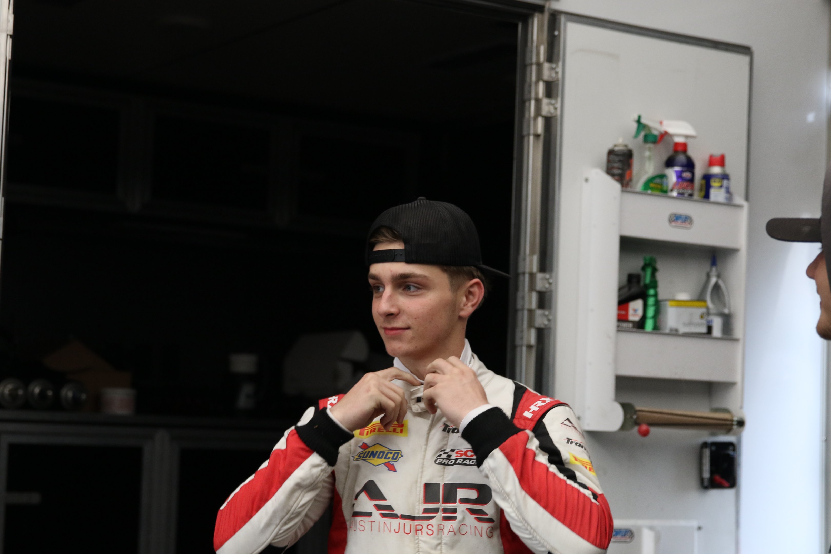 Austin suited up in the team transporter